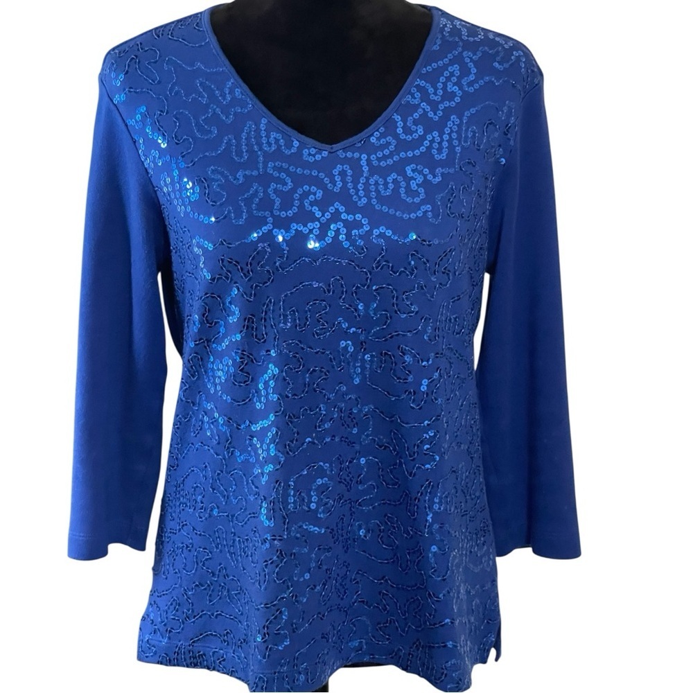 QUACKER FACTORY ROYAL BLUE FESTIVE HOLIDAY SEQUIN TOP SZ  XS